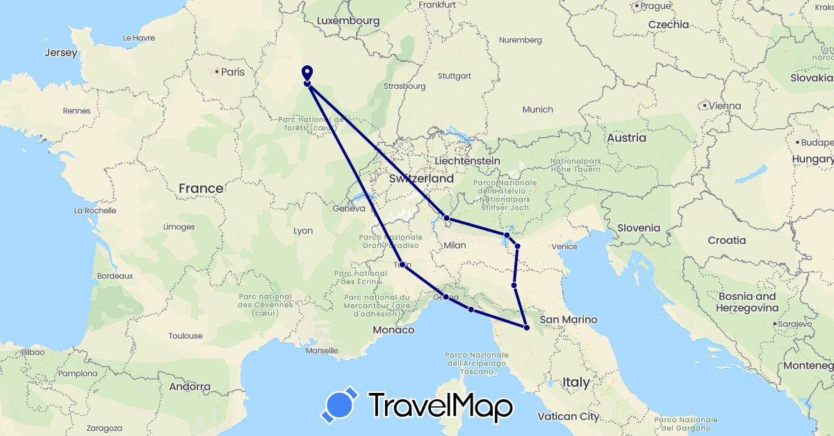 TravelMap itinerary: driving in Switzerland, France, Italy (Europe)